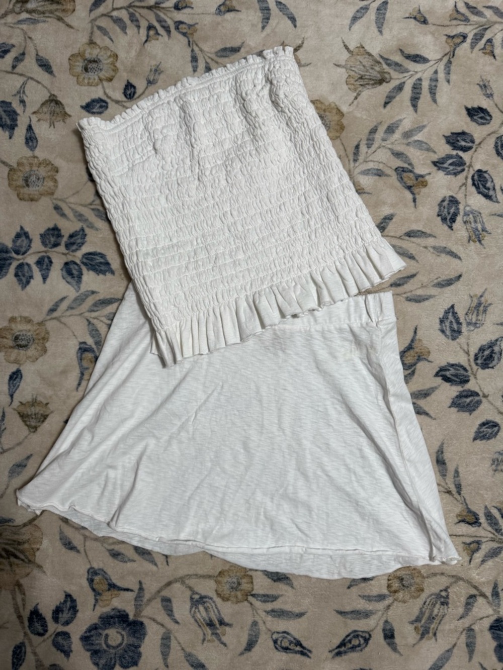 Free People White Smocked Tube Top with Ruffle Hem and Skirt.